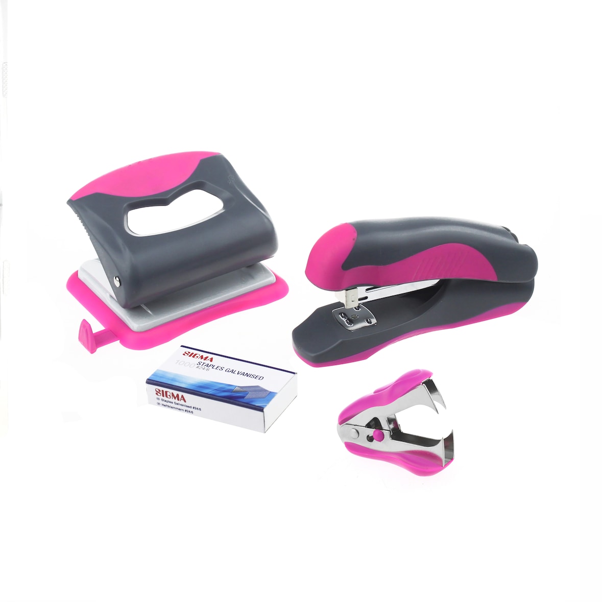 SIGMA Locher-Tacker Set SPS01, Metall, pink/grau, 2-fach, 16 Blatt, 4-teilig