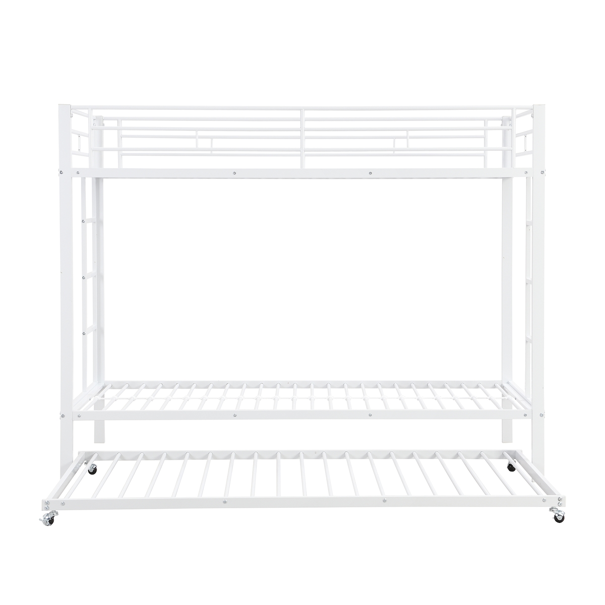 MODFU Etagenbett Metall weiß 90x200 cm mit Ausziehbett, hohem Sicherheitsgeländer, EN747