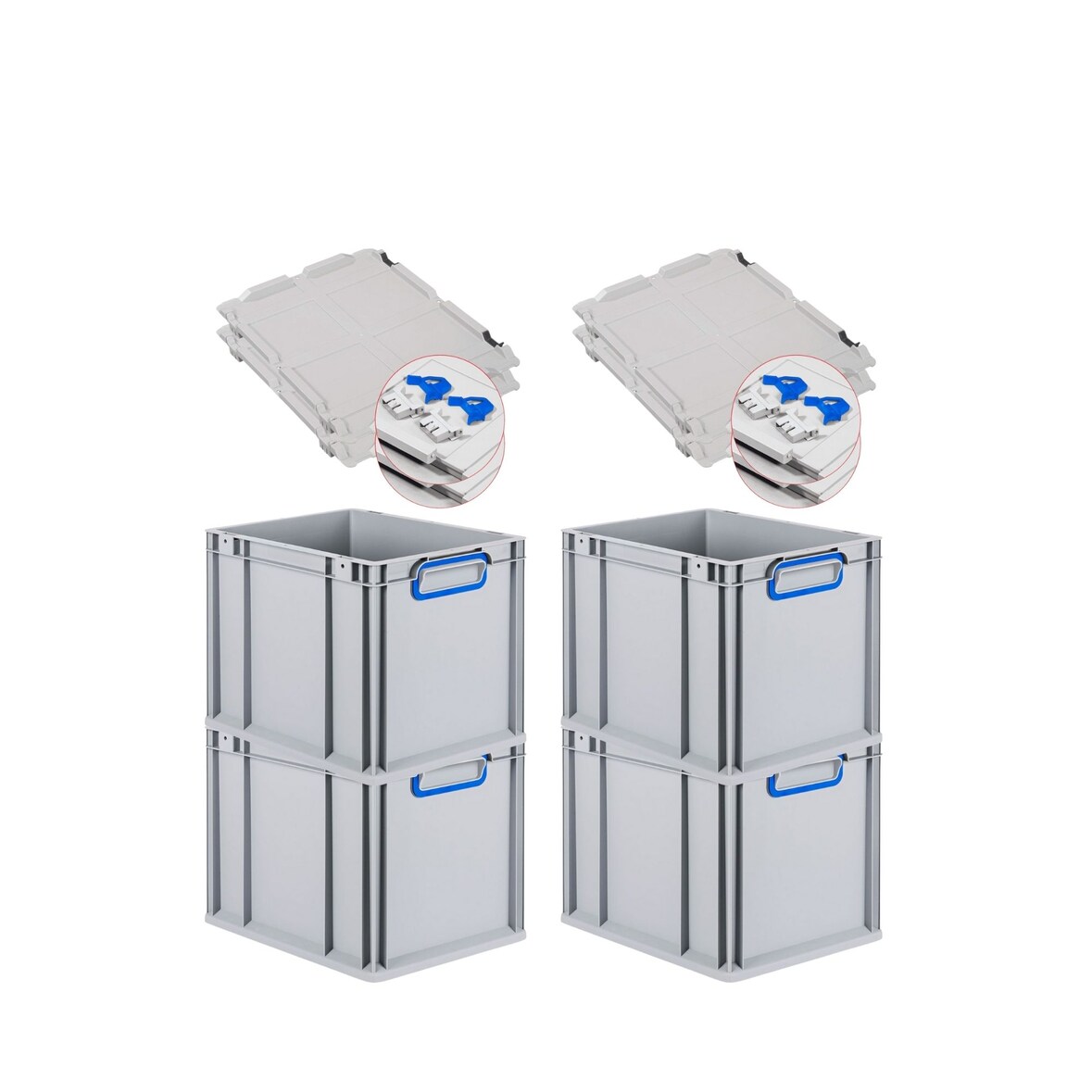 PROREGAL 4x Eurobox NextGen Color mit Scharnierdeckel & Verschlüssen | HxBxT 22x30x40cm | 30 Liter | Griffe blau geschlossen | Glatter Boden