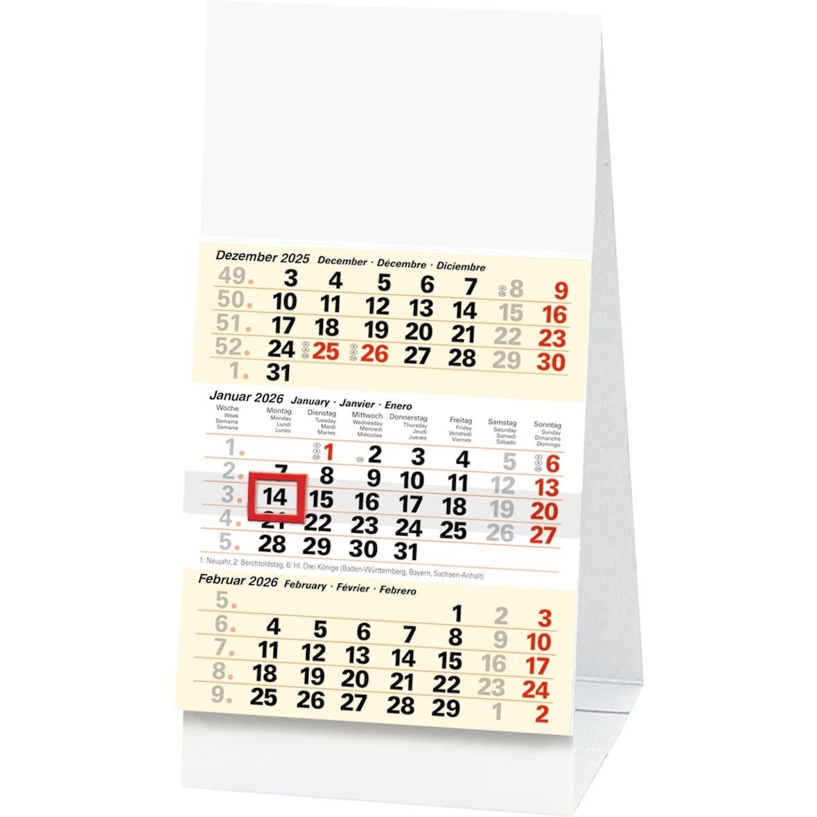 Dreimonats-Tischkalender 702 9,7x19cm 3 Monate/Seite 2026.
