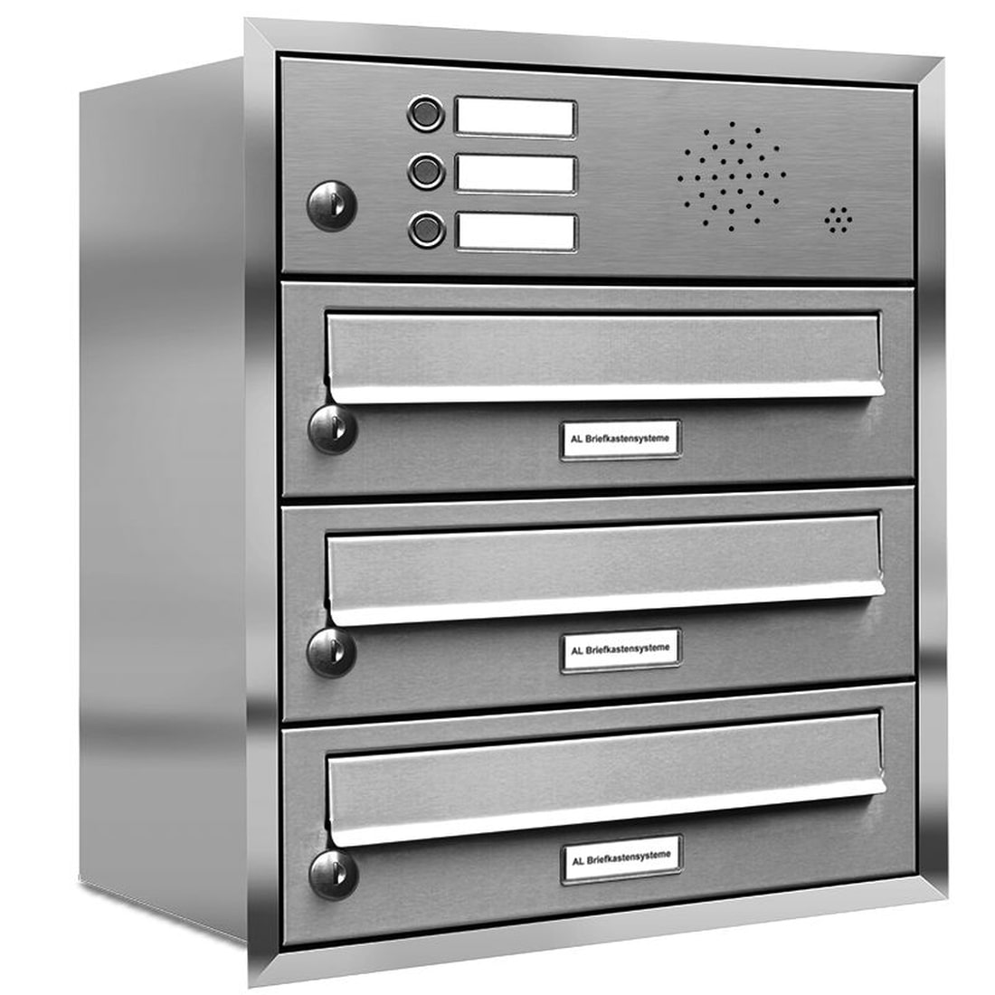 AL Briefkastensysteme 3 Fächer Premium Edelstahl Unterputz Briefkasten Anlage mit Klingeln, Post A4, robust, wetterfest, Artikelnummer: 132T3U1KS