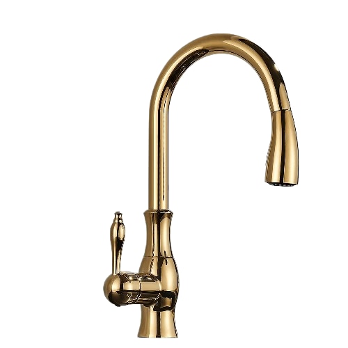 NAVIS | Elegante grifo de cocina extraíble en acero inoxidable dorado, arco alto, mezclador de lujo, alta presión, 360°, 2 conexiones