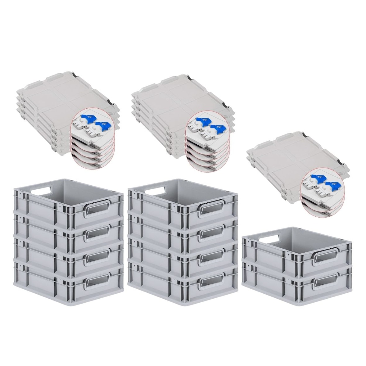 PROREGAL 10x Eurobox NextGen Grip mit Scharnierdeckel & blauen Verschlüssen | HxBxT 12x30x40cm | 11 Liter | Griffe offen | Glatter Boden