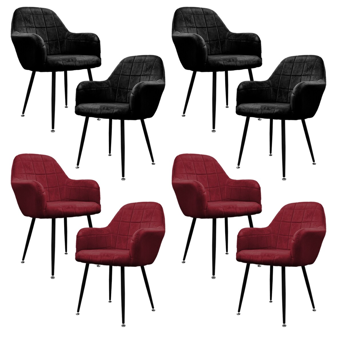 ECD Germany Esszimmerstühle 8er Set Samt Schwarz & Bordeaux, mit Armlehnen, Metallbeine, gepolsterte Küchen- & Wohnzimmerstühle