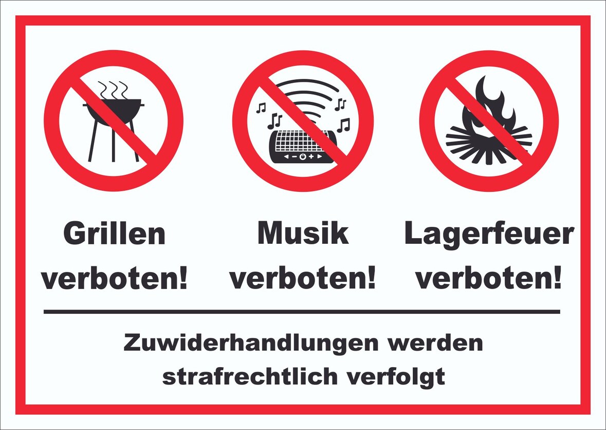 Schild Grillen Musik Zelten verboten A4 Rückseite selbstklebend