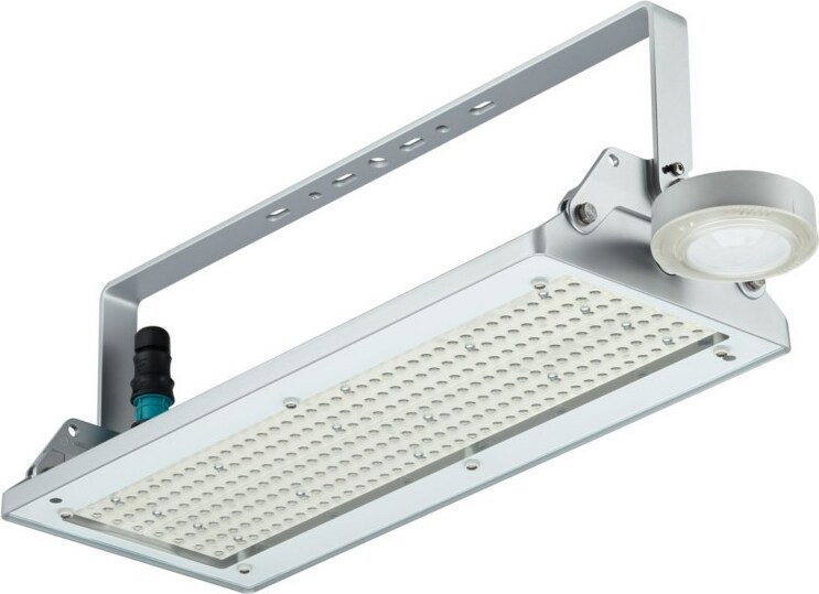 Ein silberner LED-Scheinwerfer mit einem kleinen runden Licht.