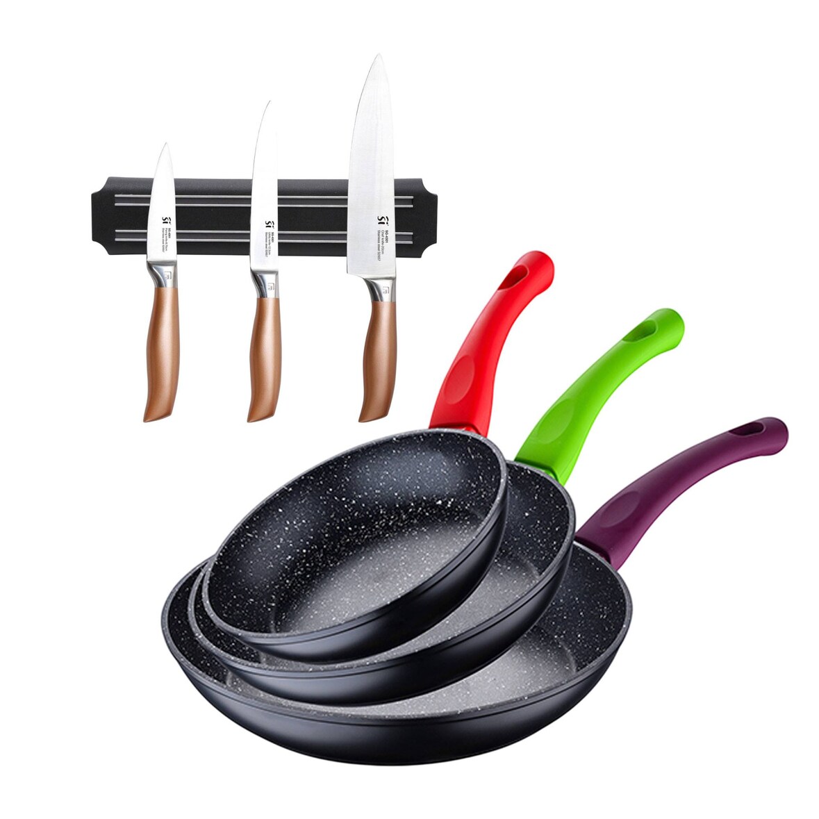 BERGNER - Set di 3 Padelle 18/22/26cm Jolie Alluminio Forgiato per Induzione con Set 3 coltelli in acciaio inossidabile con supporto magnetico