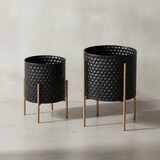 thumbnail of Blumentopf 2er Set Metall Pflanzkübel Schwarz / Gold mit Füßen, Design Pflanzenkübel Rund Indoor, Blumenkübel Pflanzgefäß mit Waben-Muster in