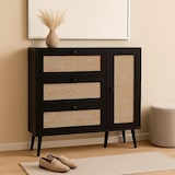 thumbnail of Rattan-Schuhkipper HWC-M37, Schuhregal Schuhschrank, 3 Kippfächer 2 Regalböden 127x120x24cm Holz Melamin ~ schwarz