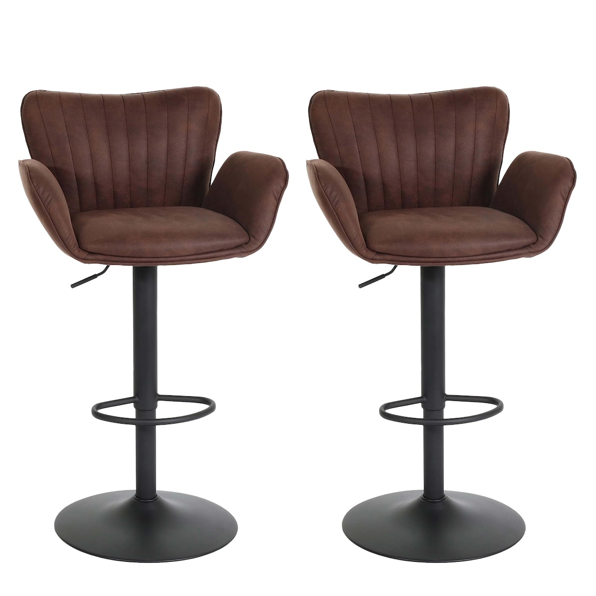 Set di 2 sgabelli da bar HWC-M67, sgabello da bar, con bracciolo poggiapiedi girevole tessuto/tessuto ferro FSC® ~ marrone scuro piede nero