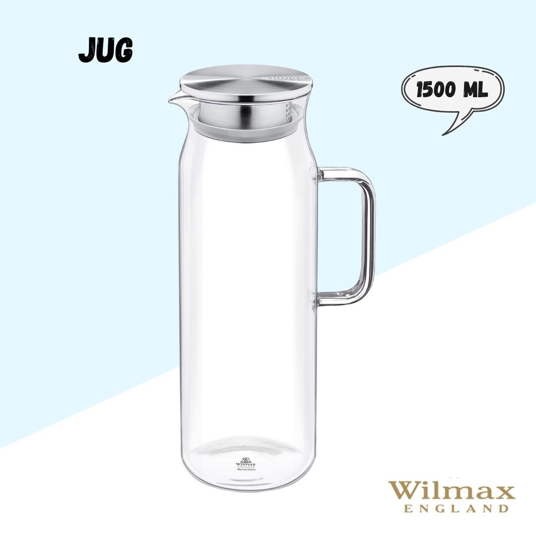 Wilmax Borosilikat Glas Krug mit Edelstahl-Deckel, 1500ml