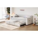 thumbnail of Schlafsofa 90/180x190 ausziehbar mit Bluetooth-Stereo, USB-Anschluss, Stauraum, hydraulisch, Samtpolster, komfortables Wohnzimmer Beige ohne Matratze