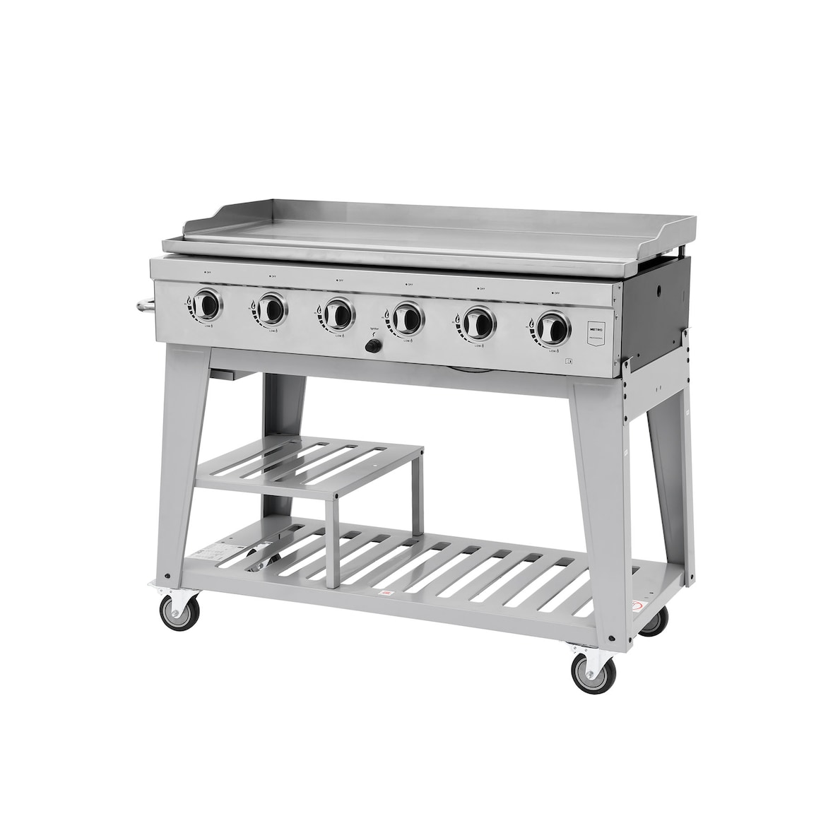 METRO PROFESSIONAL Grelhador a gás de 6 bicos com grelha, 111 x 50 cm, com tampa, móvel, aço inoxidável, prateado