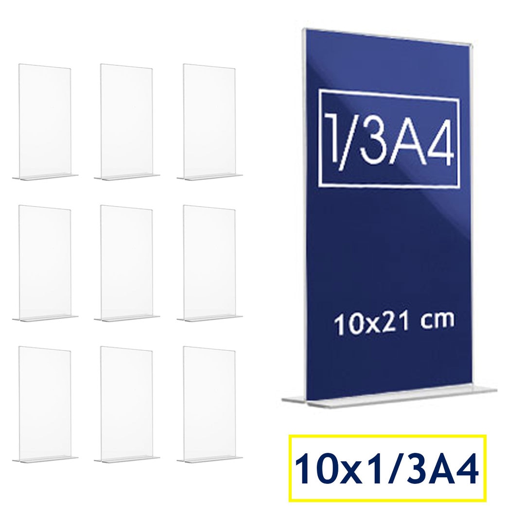 Danieli Store | Expositor metacrilato de doble cara tamaño 1/3 A4 con base en T | Expositores de Mesa para Menús, Publicidad (10 Unidades)