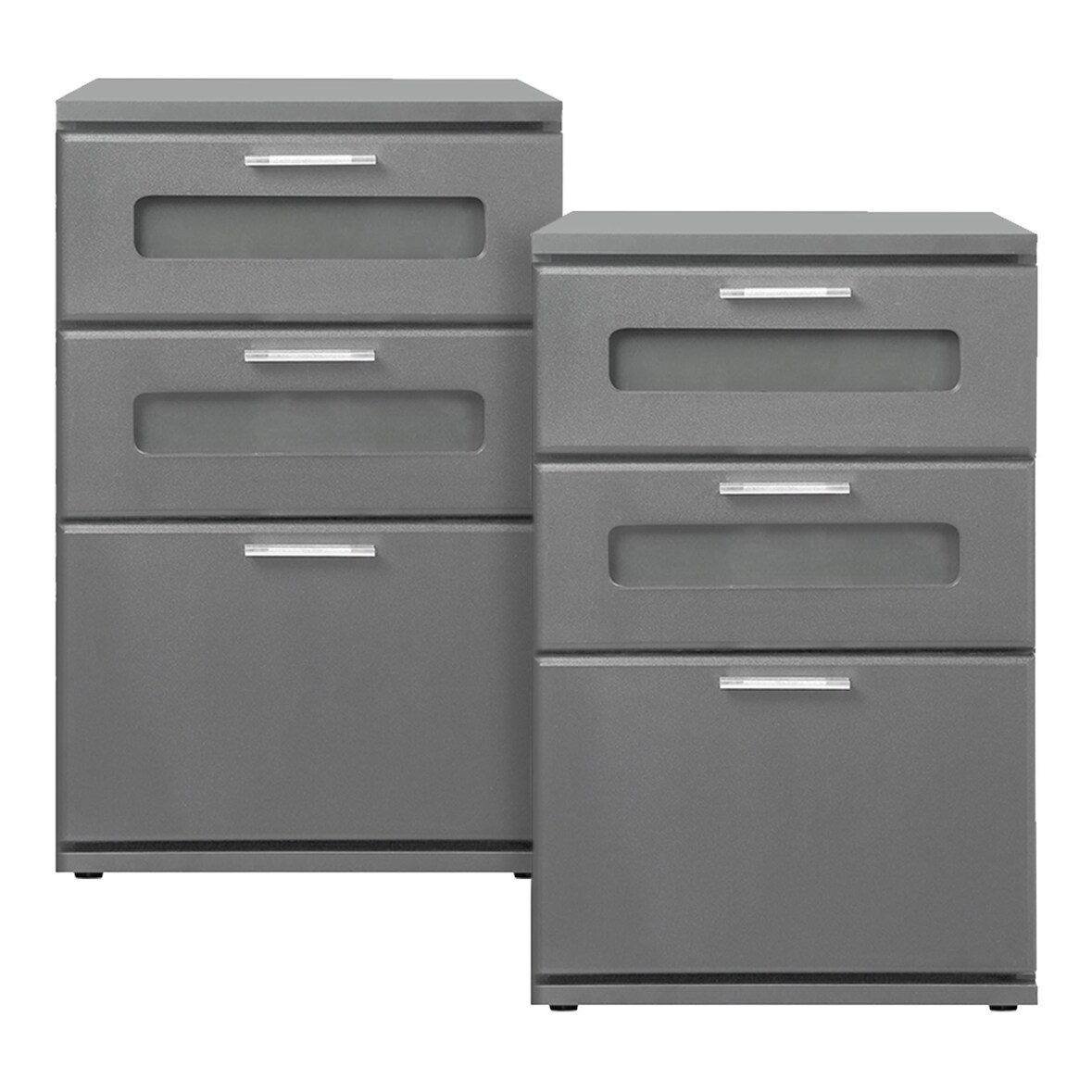 ML-Design Nachttisch 2er Set Grau, 3 Schubladen mit Glaseinsatz, 40x60x38 cm, Holz Nachtschrank Nachtkonsole Kommode