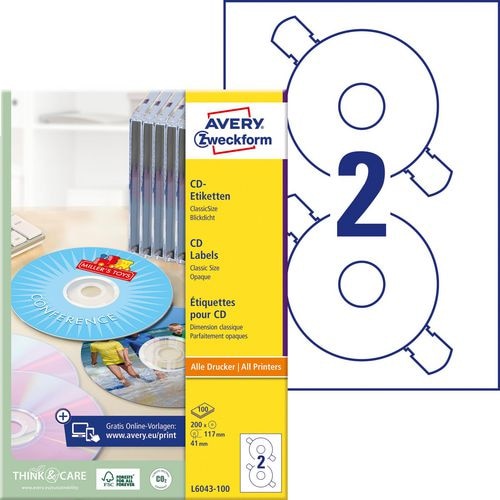 AVERY Zweckform CD/DVD Etiketten L6043-100 haftend DIN A4 Weiß 100 Blatt à 2 Etiketten