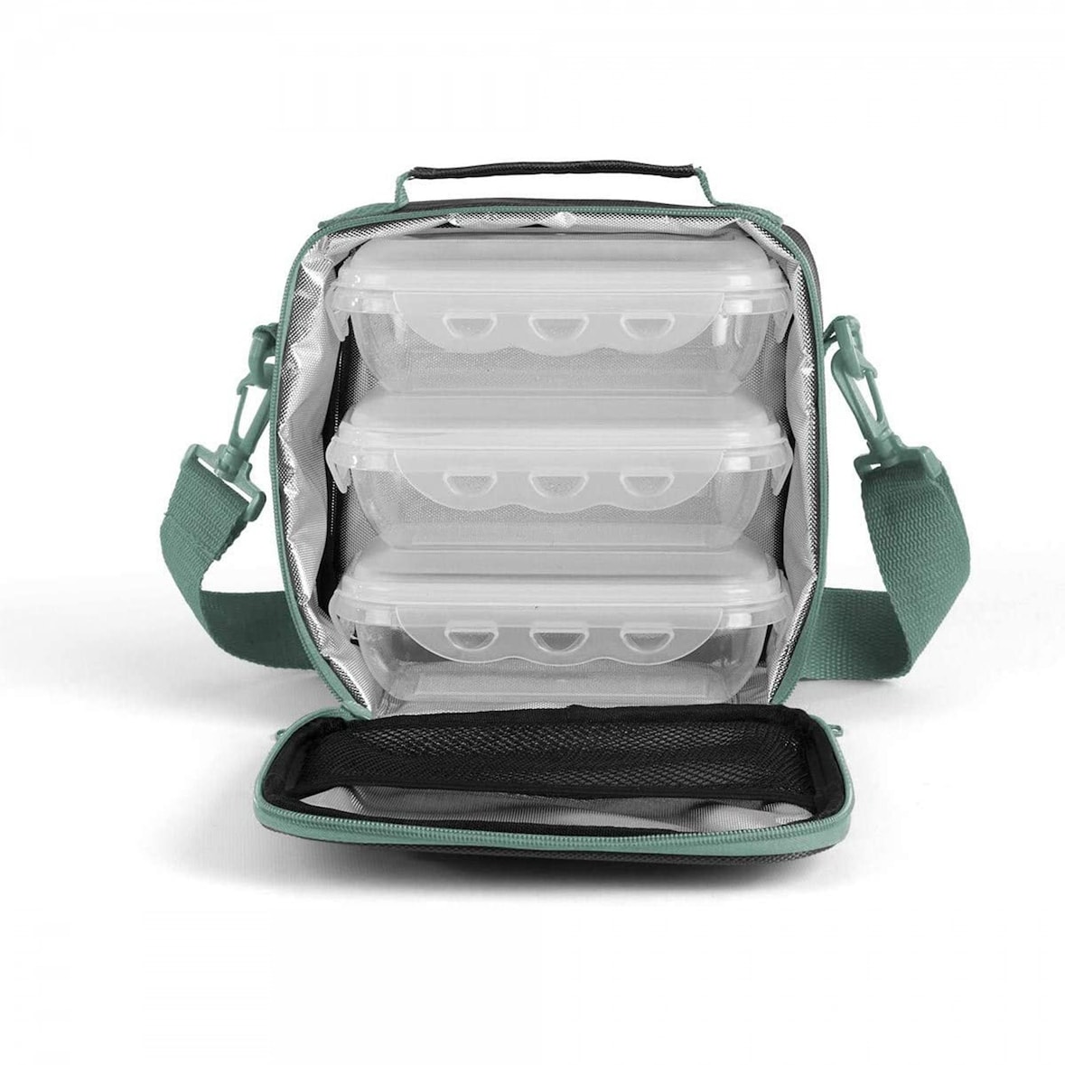 LIVOO SEP126V - Set sacoche lunch box Gris et vert Isotherme pour conserver vos aliments  6h au frais, avec 3 tupperware