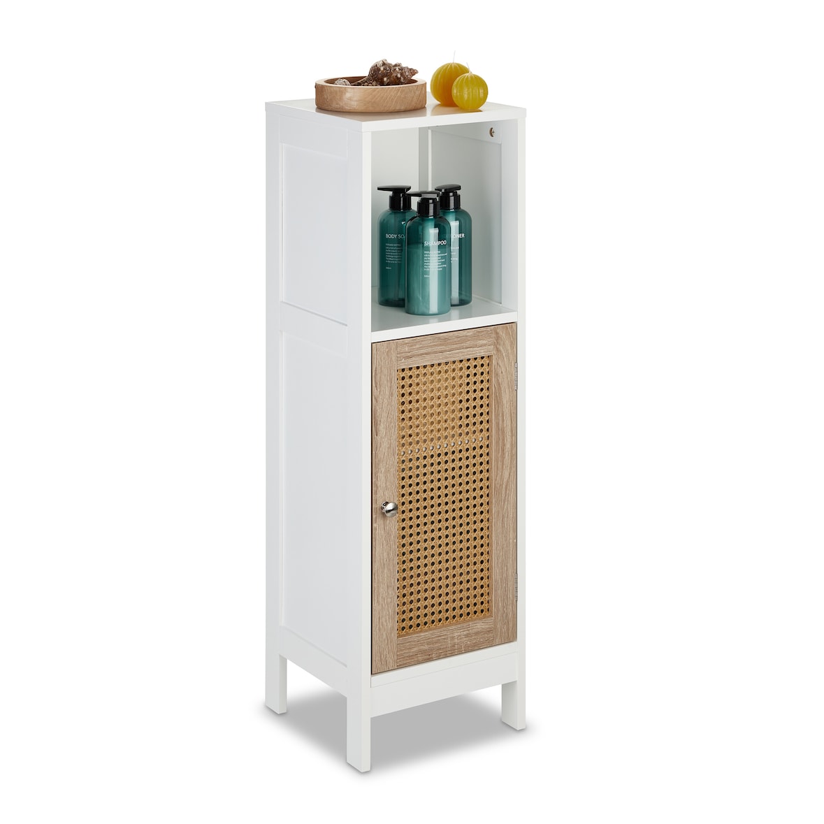 Relaxdays Badezimmerschrank, 3 Fächer, stehend, HBT: 96,5 x 30 x 30 cm, schmaler Badschrank mit Rattan-Tür, weiß/natur