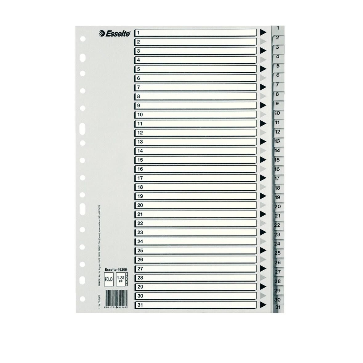 Índice multitaladro Esselte. DIN A4. Cartulina índice B/N. Pestañas 1-31 PP, gris . Pack de 25