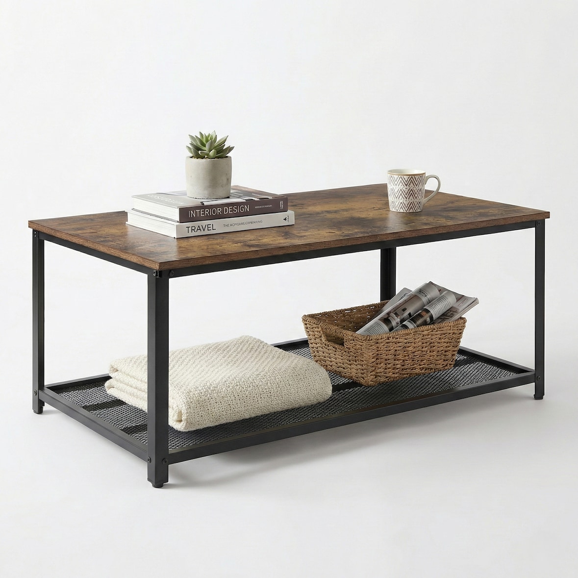 IvoQ Industriële Salontafel Rechthoekig - Vintage Houtlook & Staal - 2 Lagen - Met Gaasplank - Industriële Woonkamer Tafel - Stevig, Stijlvol & Makkel