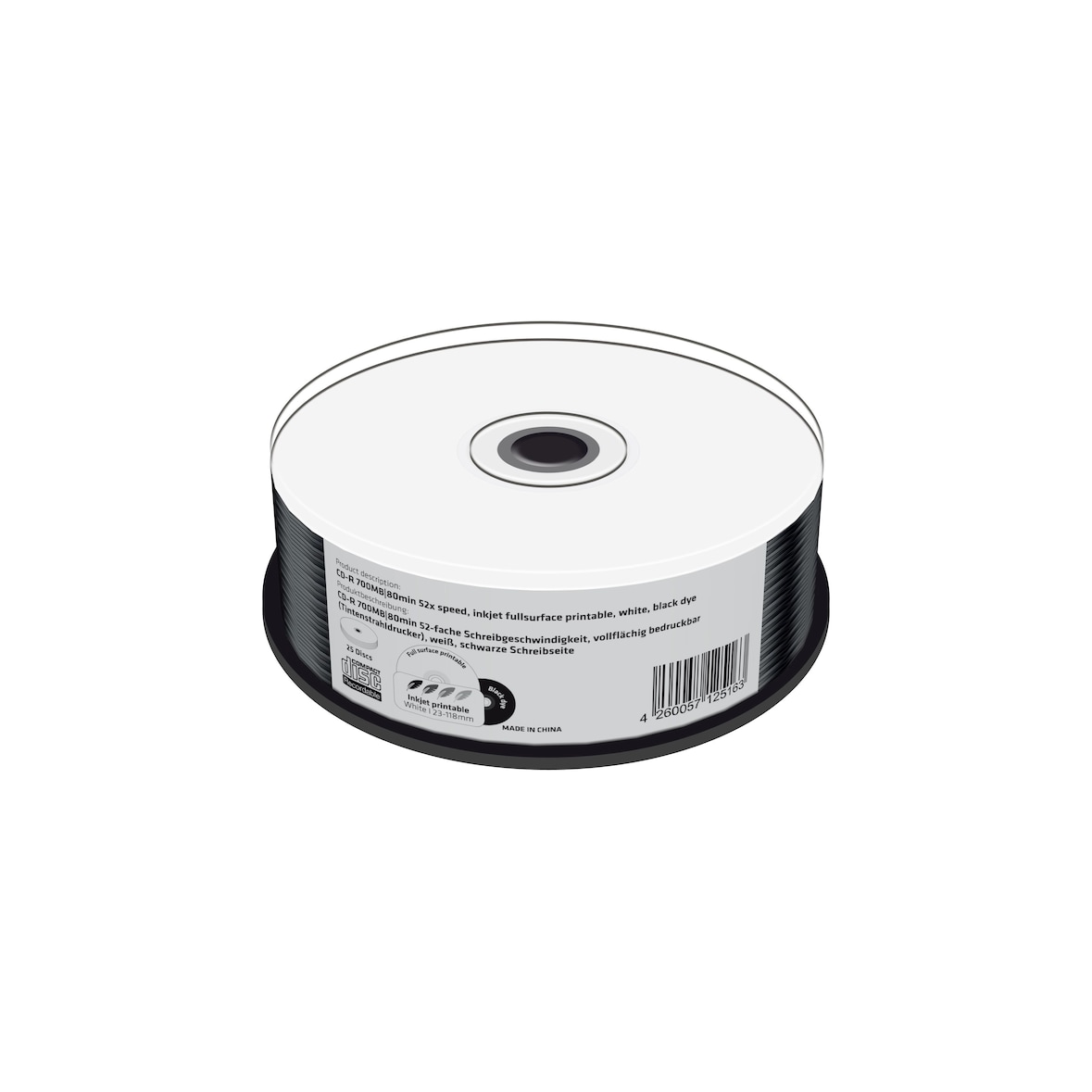 MediaRange MR241 CD-R 700MB, 80min 52-fache Schreibgeschwindigkeit, vollflächig bedruckbar (Tintenstrahldrucker), schwarze Schreibseite, 25er Cakebox