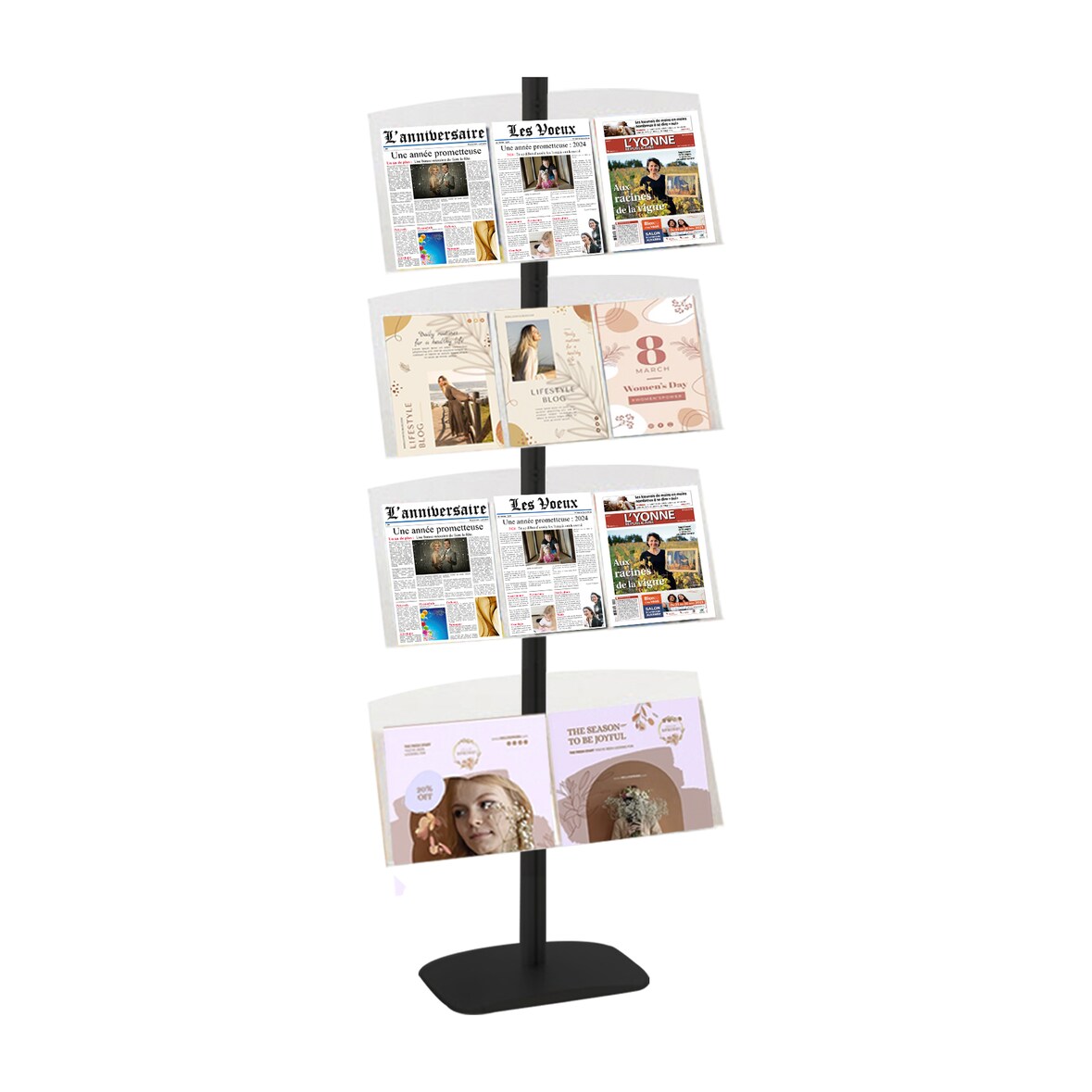 Présentoir vitrine Presse H 177 cm NOIR 4 étagères PLEXIGLASS