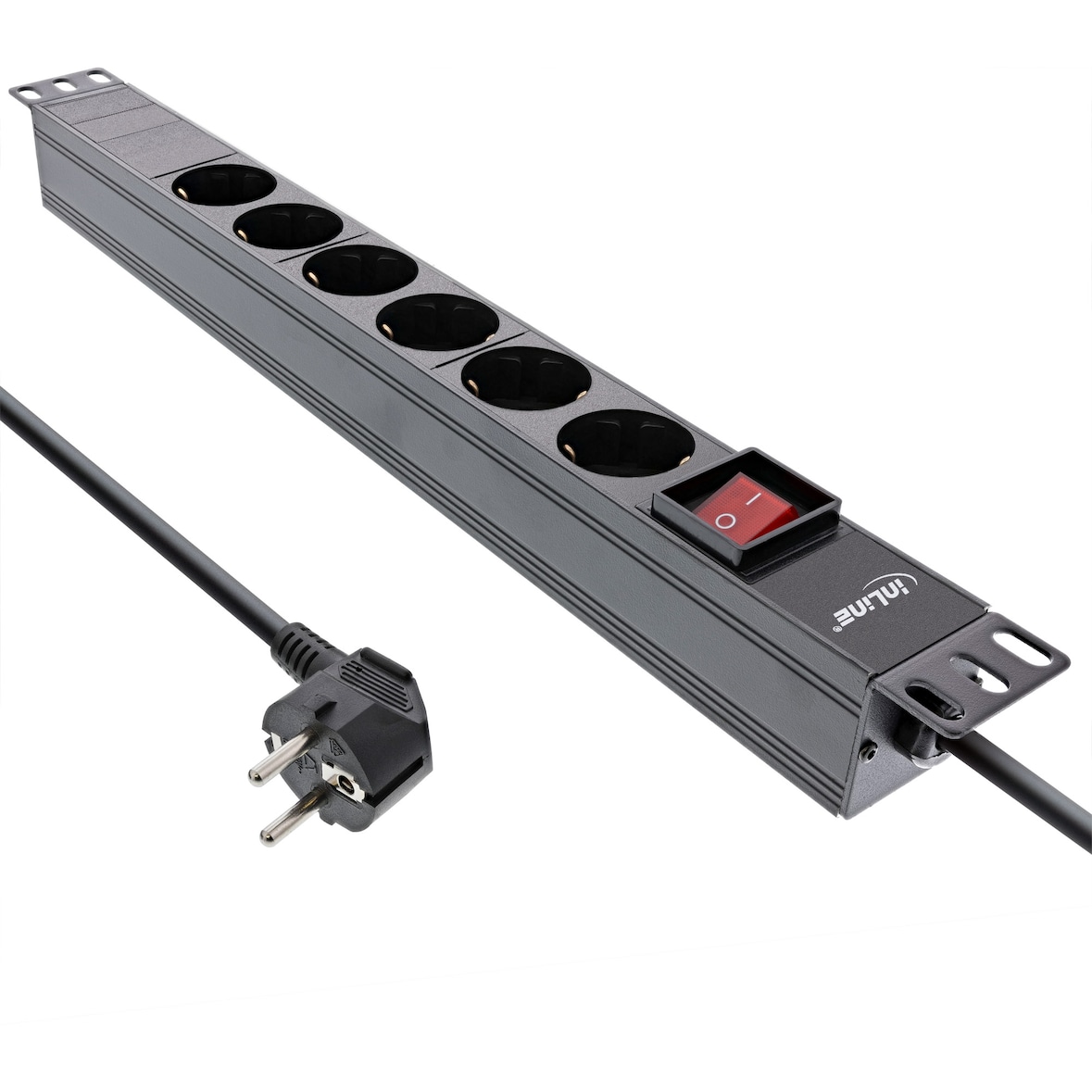 InLine® 19" Steckdosenleiste, 6-fach Schutzkontakt, mit Schalter, 2m, schwarz