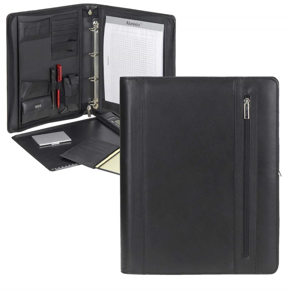 Alassio Konferenzmappe A4 Leder schwarz Businessmappe Ringbuchmappe Schreibmappe mit Klemmbrett und Ringmechanik 30072