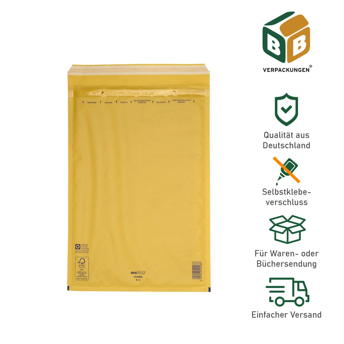 500 x Luftpolsterversandtasche (300 x 445 mm) 9 / J braun Luftpolstertaschen Versandtaschen Selbstklebeverschluss Bücher Briefe BB-Verpackungen