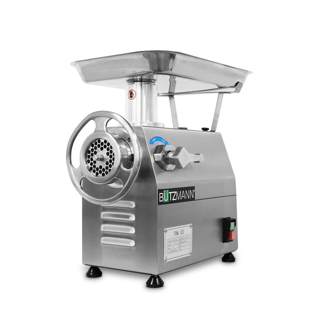 Professionele vleesmolen Bützmann BTK-22 met 22 monden. Capaciteit tot 250 kg/u. Met aan/uit-schakelaar, de enige die geldig is voor CE.