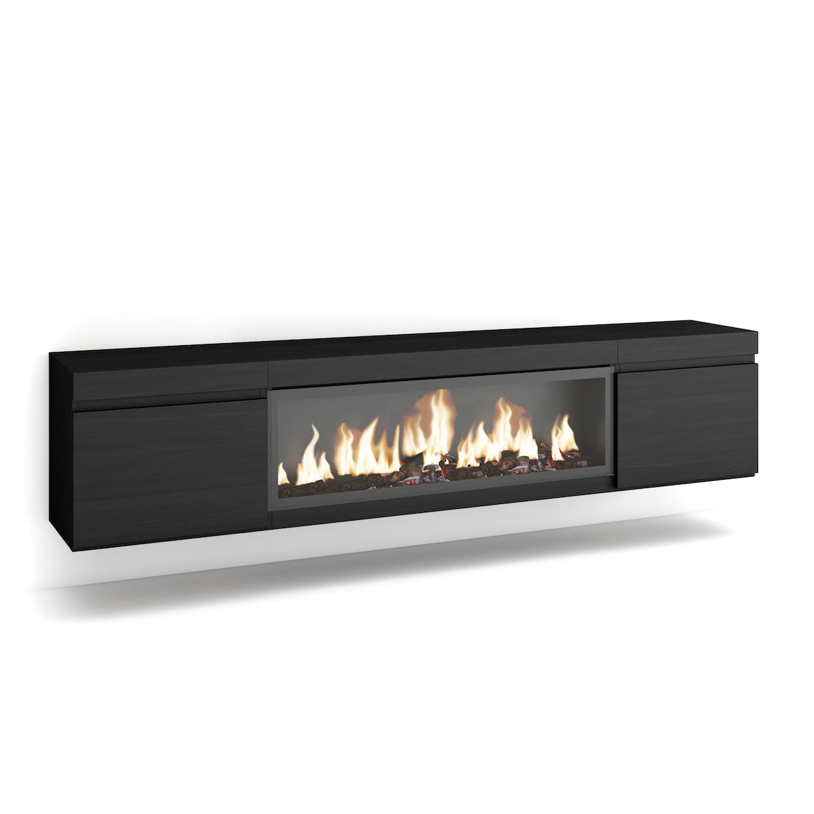 TV-Meubel, Lowboard, Woonkamer, Eetkamer, 208x35x45cm, Voor tv's tot 80", Elektrische haard XXL, Hangend, Moderne stijl, Zwart _ 412_23