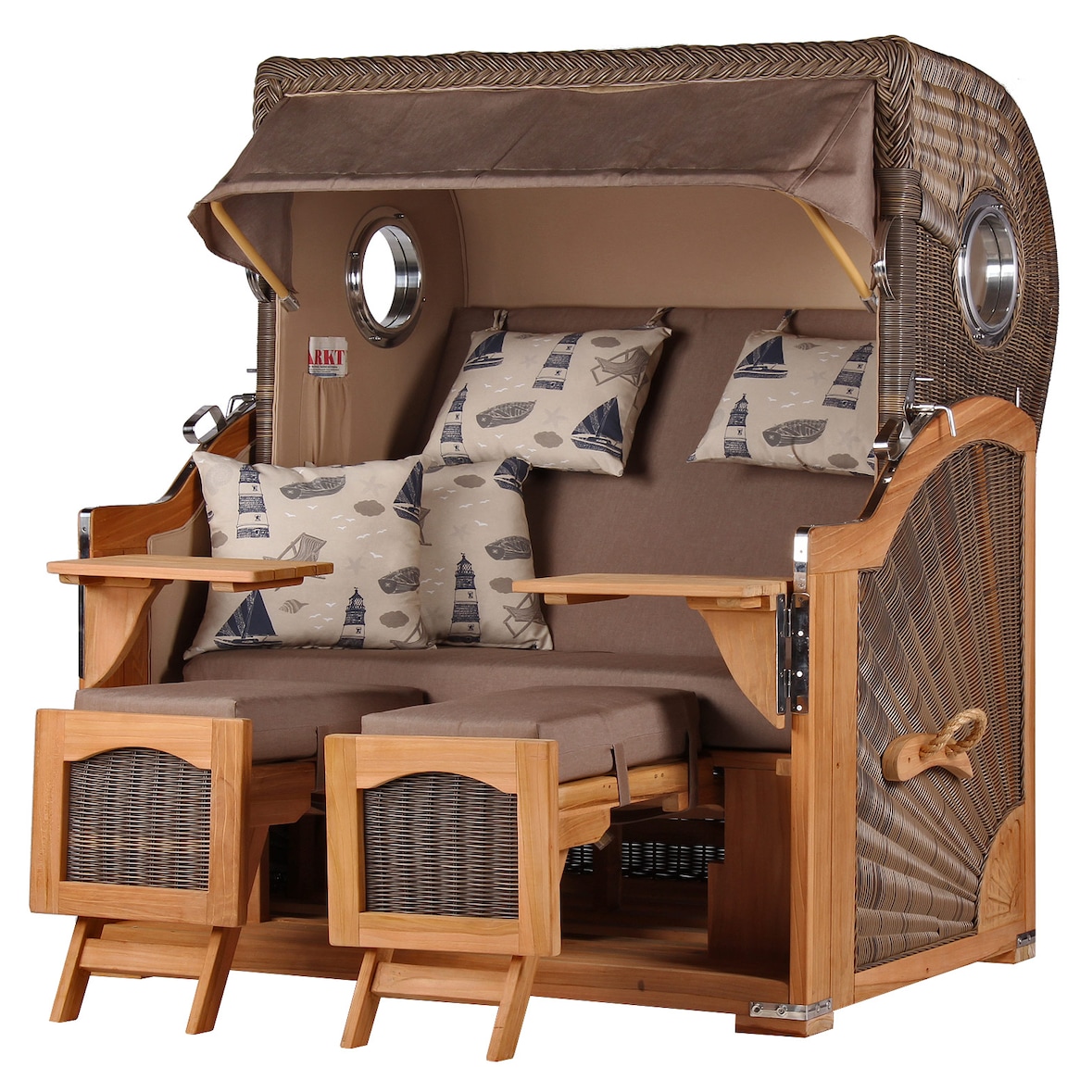 Strandkorb Komplettset: Ammersee Grande XL Teak Bullauge - PE grau - Modell 540