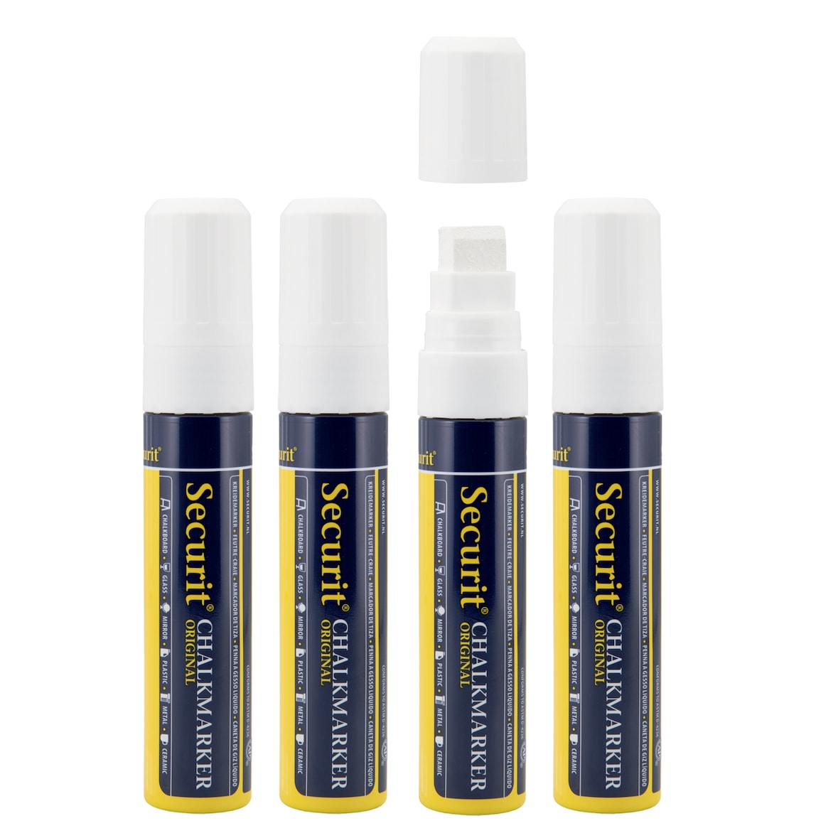 Securit® Set van 4 Vloeibare Krijtstiften - Wit - Rechthoekige Punt 7-15mm
