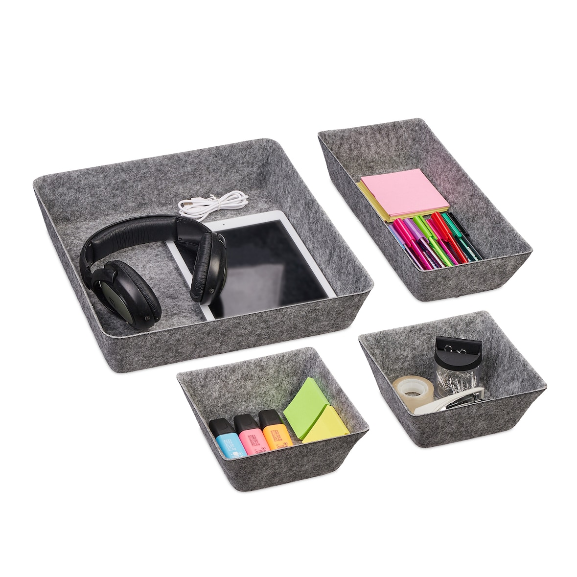 Relaxdays Schubladen Organizer Filz, 4-tlg. Ordnungssystem Schreibtisch, 3 Größen, Schubladeneinsatz, Filzkörbe, grau