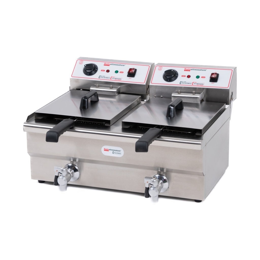 Freidora Eléctrica de Doble cuba, Profesional en Acero Inoxidable - con Grifo de Desagüe - 13+13 Litros, Capacidad de Aceite 10+10 Litros