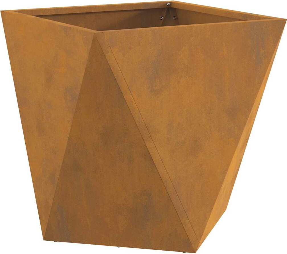 Ein rostiger, geometrischer Blumentopf.