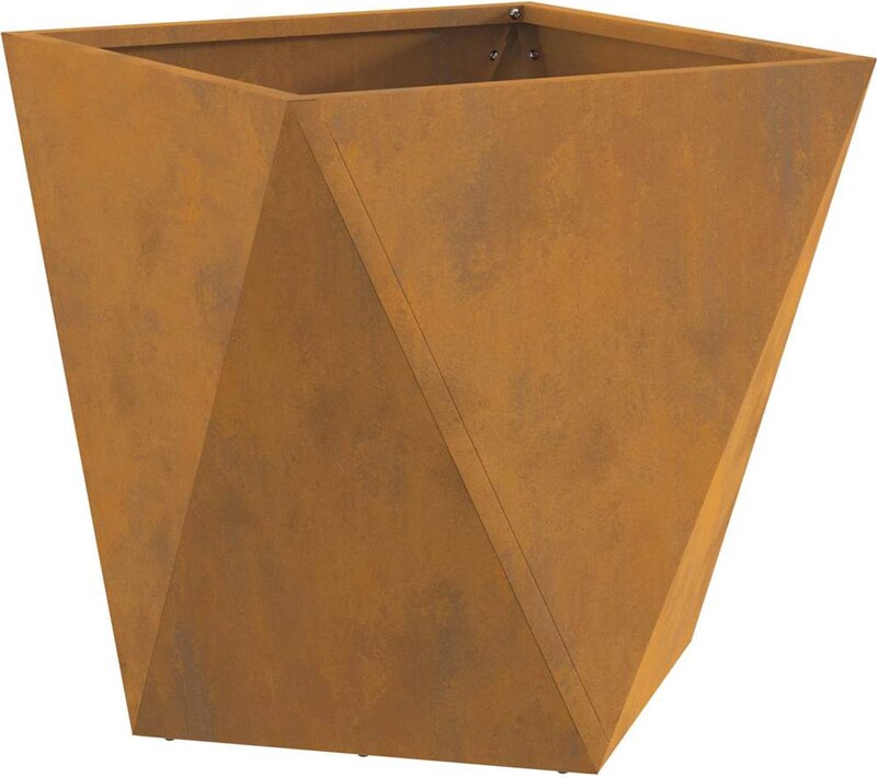Ein rostiger, geometrischer Blumentopf.