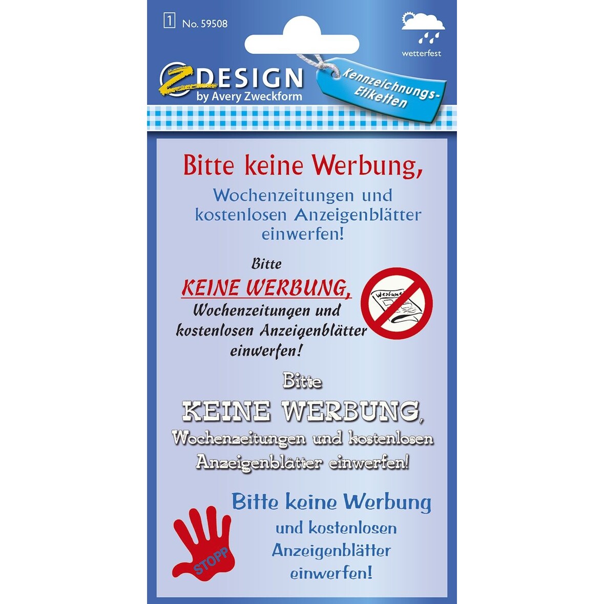 Avery Zweckform® 59508 59508 Home Hinweis-Etikett "Keine Werbung", Kunststoff, 1 Bogen 4 Etiketten
