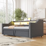 thumbnail of Ausziehbett 90/180x190 cm mit LED, USB-Anschluss und Stauraum – modernes 3-in-1 Schlafsofa aus Leinenstoff Dunkelgrau