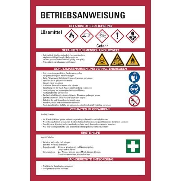 Aushang, Betriebsanweisungen für Lösemittel - GHS/ISO 7010 Piktogramme - 200x300x1.5 mm Kunststoff