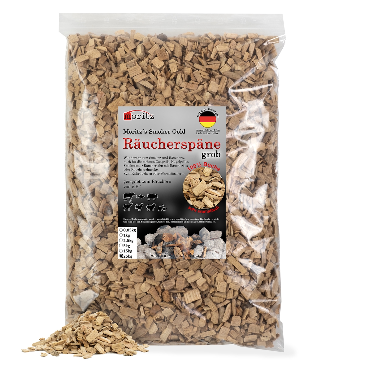 Moritz 25kg Räucherspäne Buche grob 6 -12 mm Räuchern I Kalträuchern von Fisch Fleisch Wurst Käse Gemüse auch für BBQ I Grill - Räuchermehl
