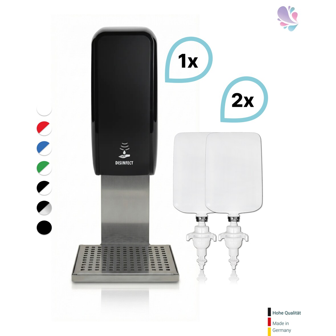 SET: Desinfektionsspender SENSOR Cosmos (berührungslos) +2x1L Händedesinfektion+Edelstahlhalterung mit Auffangschale Wandmontage