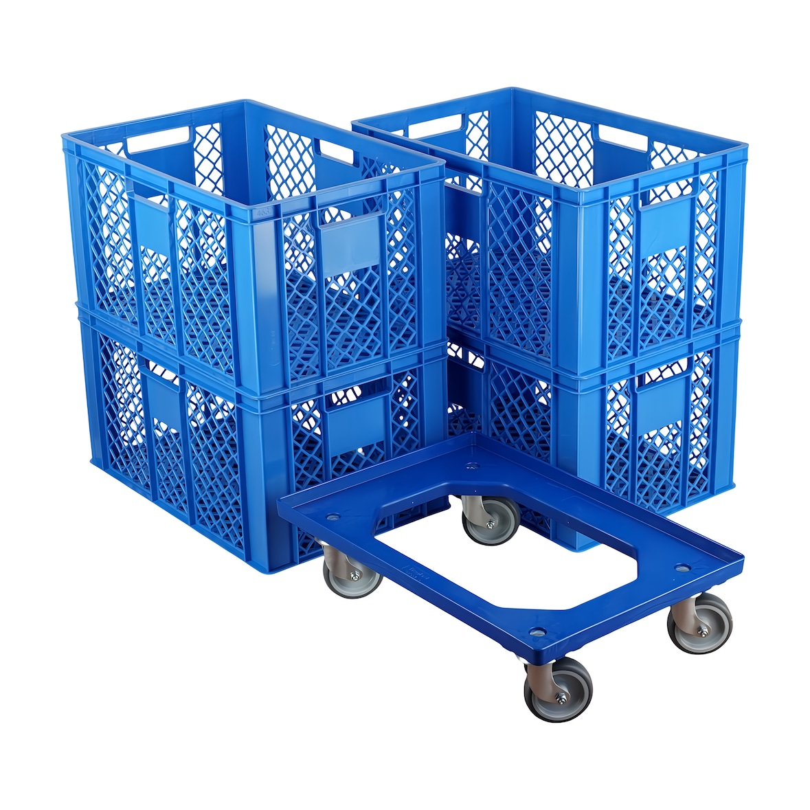 4 Stück Bäckerkisten 600 x 400 x 320 mm + 1 Transportroller in Blau
