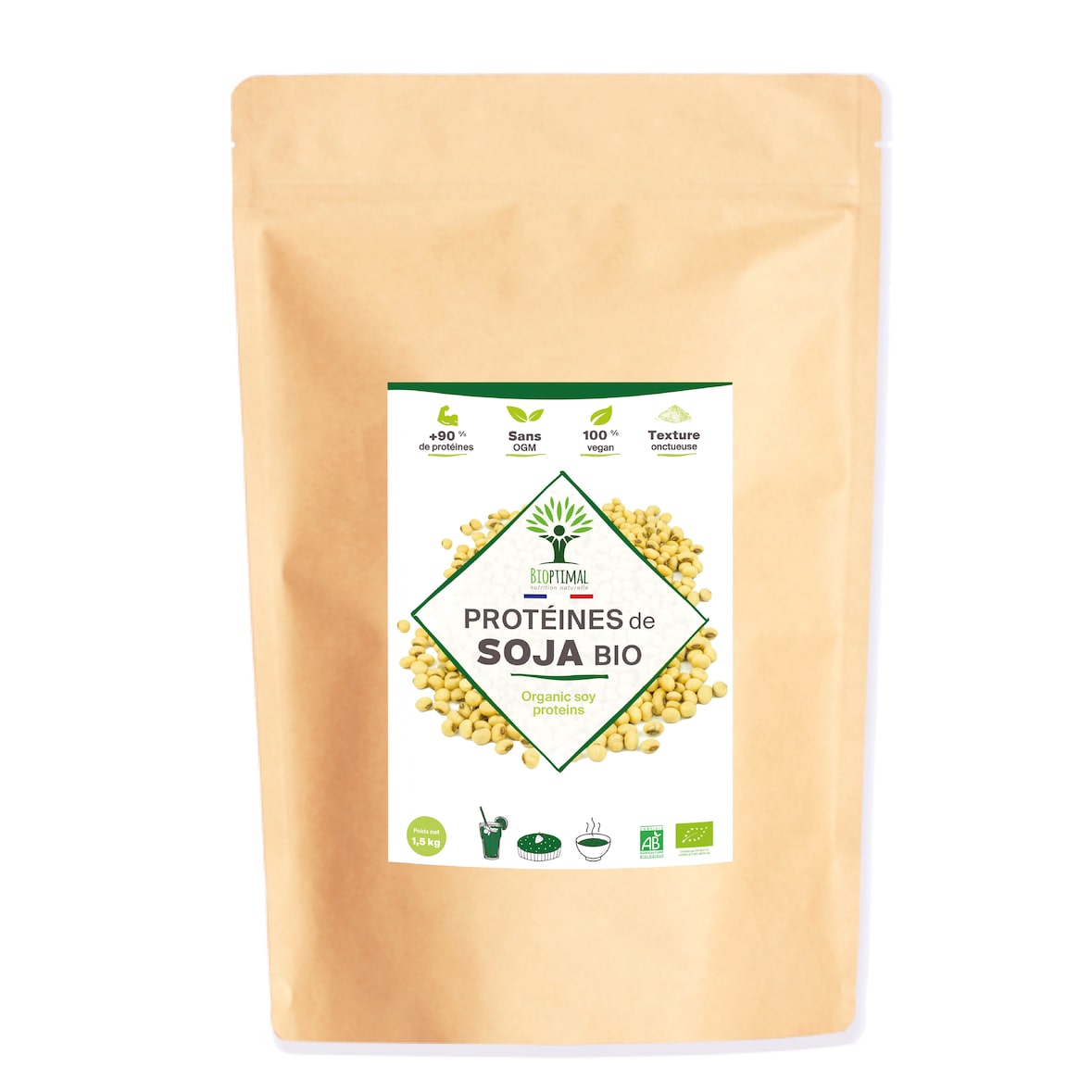 Protéine de Soja Bio - 90% Protéines 17% BCAA - Haute Digestibilité - Poudre de Fèves de Soja - Conditionné en France - Certifié Ecocert - 1500 g