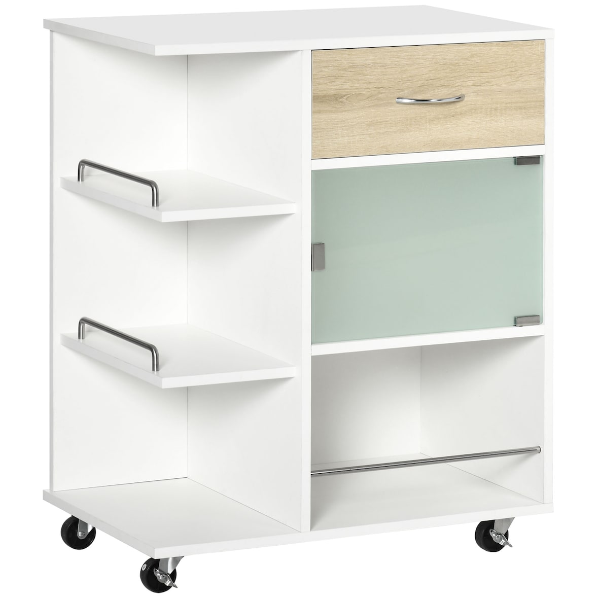 HOMCOM carrito de cocina carrito verdulero con 1 cajón puerta de vidrio y estantes abiertos carro auxiliar con ruedas para comedor salón 65x39x80 cm