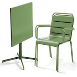 thumbnail of Ensemble table de terrasse carrée et 2 fauteuils métal vert cactus  - Oviala