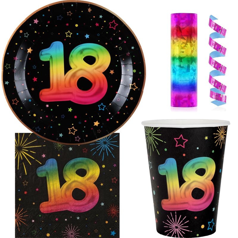 18. Geburtstag Einweggeschirr bunt Partyset Party Geschirr Pappteller Pappbecher Servietten