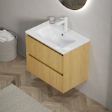 thumbnail of Badezimmer-Waschtisch 50x61x39 Keramikbecken 2 Soft-Close Schubladen Massivholz Schrank Wasserfest Badmöbel Beige+Golden Oak+Weiß