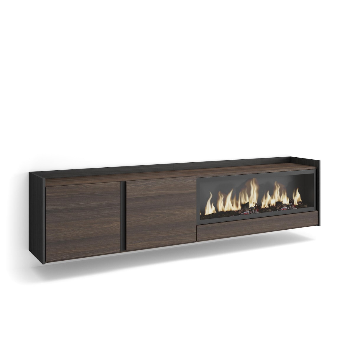 TV-Schrank, Lowboard, 212x50x35 cm, Für TV-Geräte bis zu 80", Elektrokamin XXL, Hängend, Dunkler Eiche und Schwarz