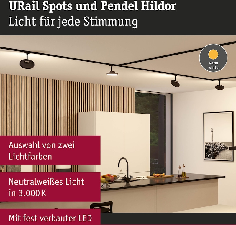 Schwarze Schienenleuchten mit Pendelleuchten für die Decke.